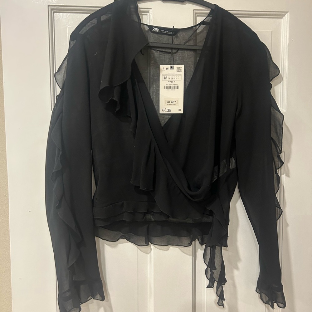 Zara Elegant Black Ruffle Blouse